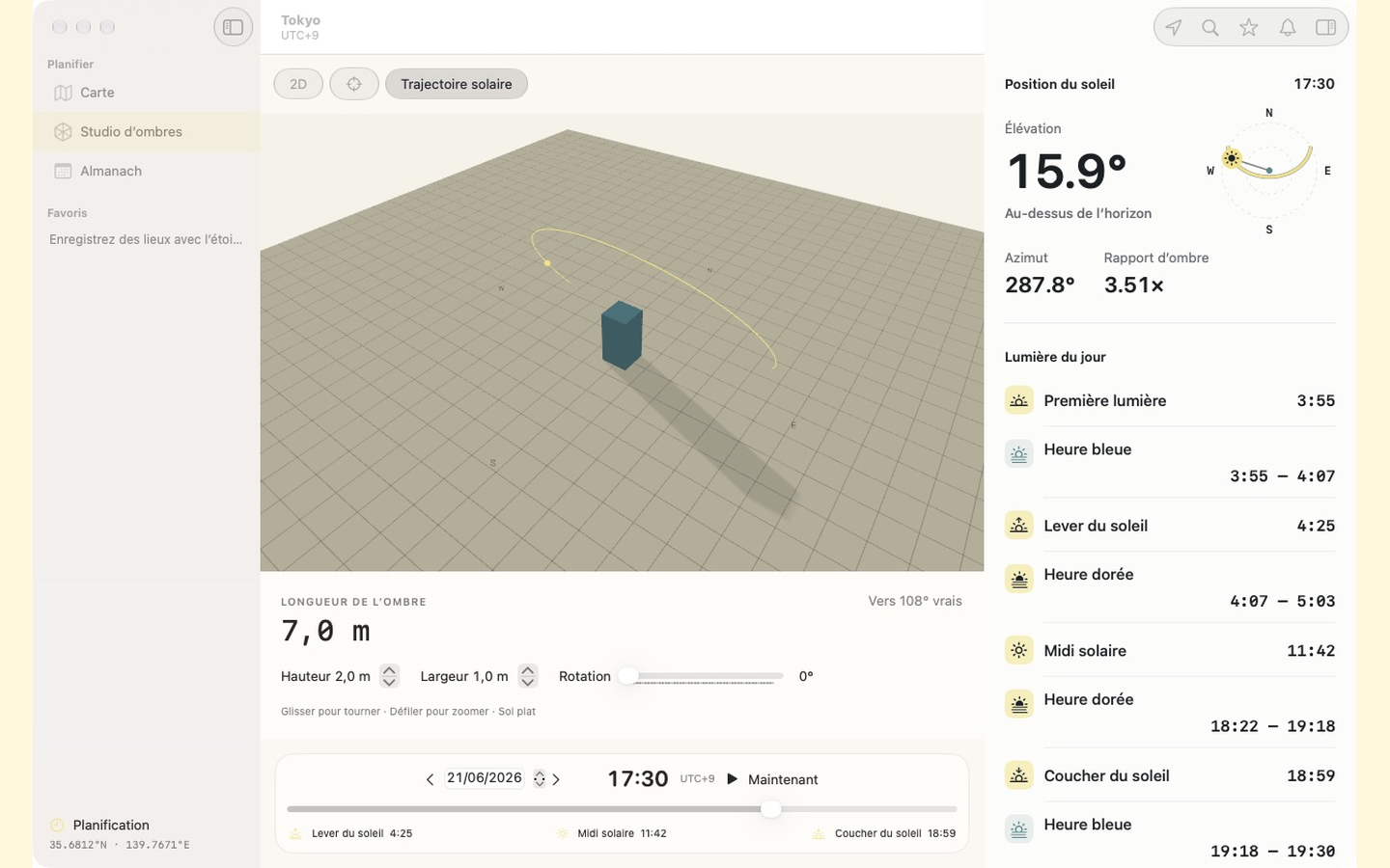 Planificateur natif SUNtoy sur Mac avec barre latérale et informations solaires