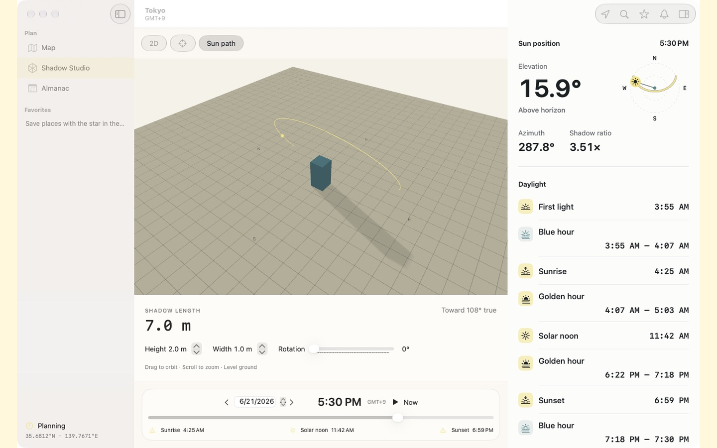 SUNtoy native Mac planner with sidebar navigation and solar information
