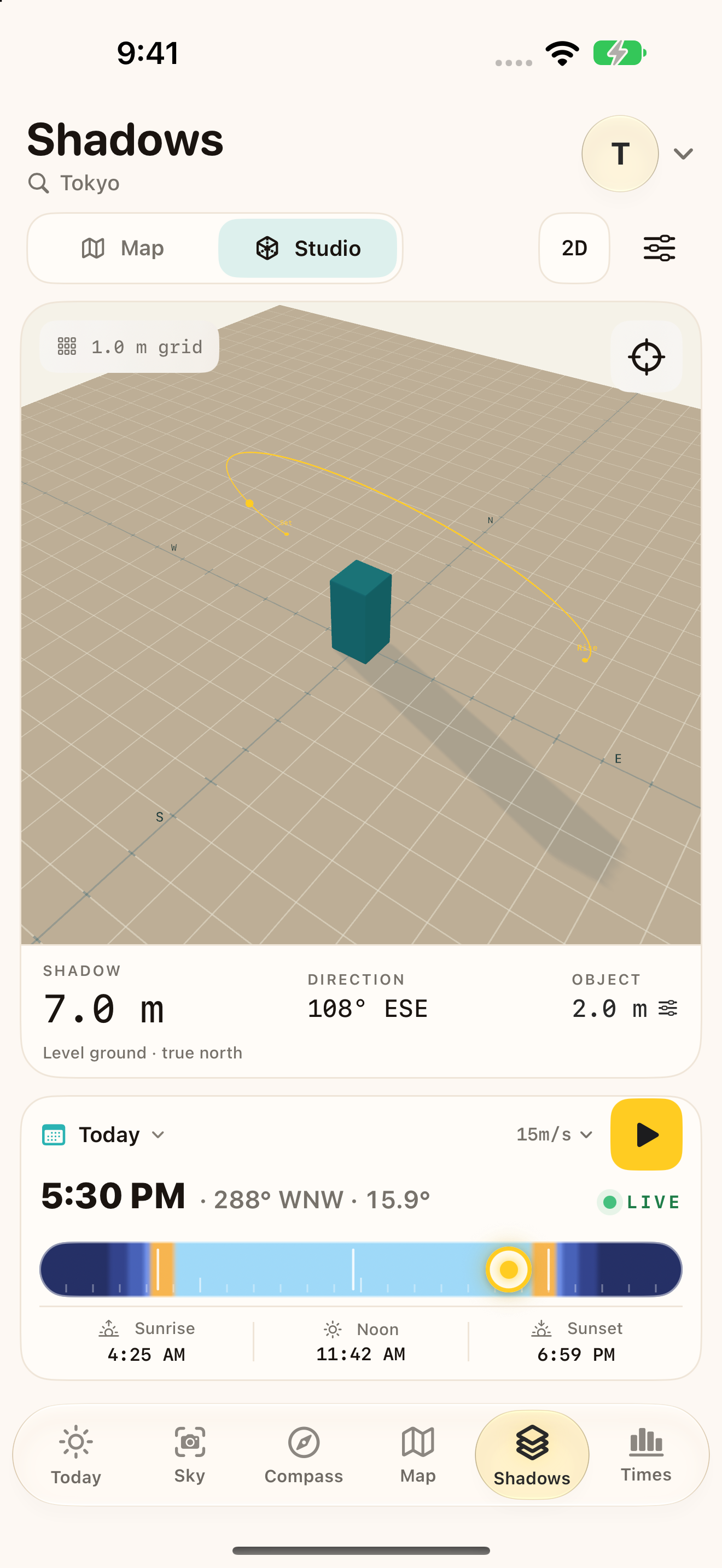 SUNtoy shadow planner with an adjustable object and a daily timeline