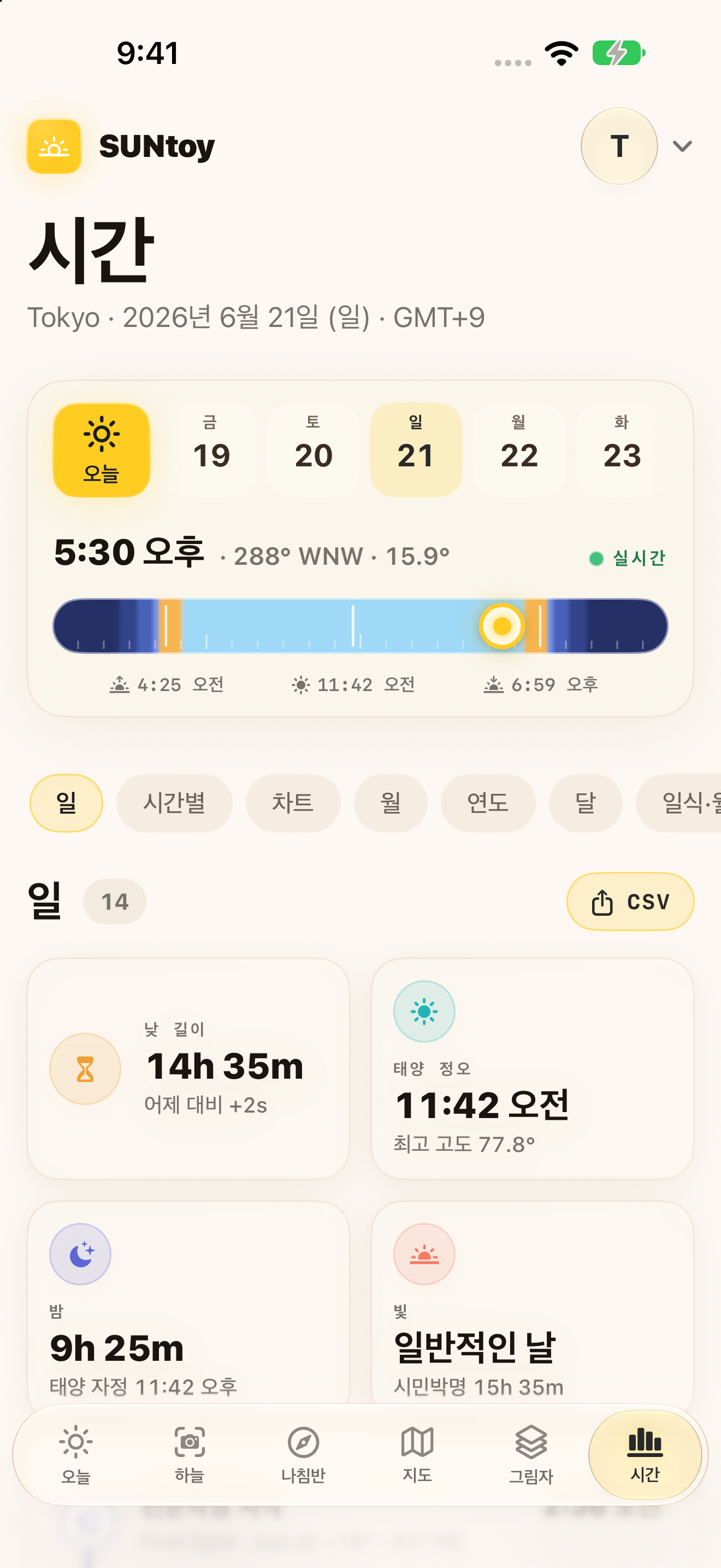 현지 태양 시각과 천문 정보를 보여 주는 SUNtoy 역서