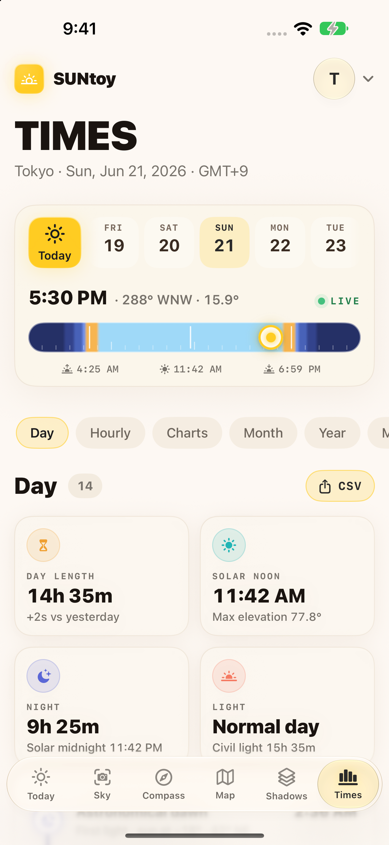 SUNtoy solar almanac showing local sun times and astronomical information