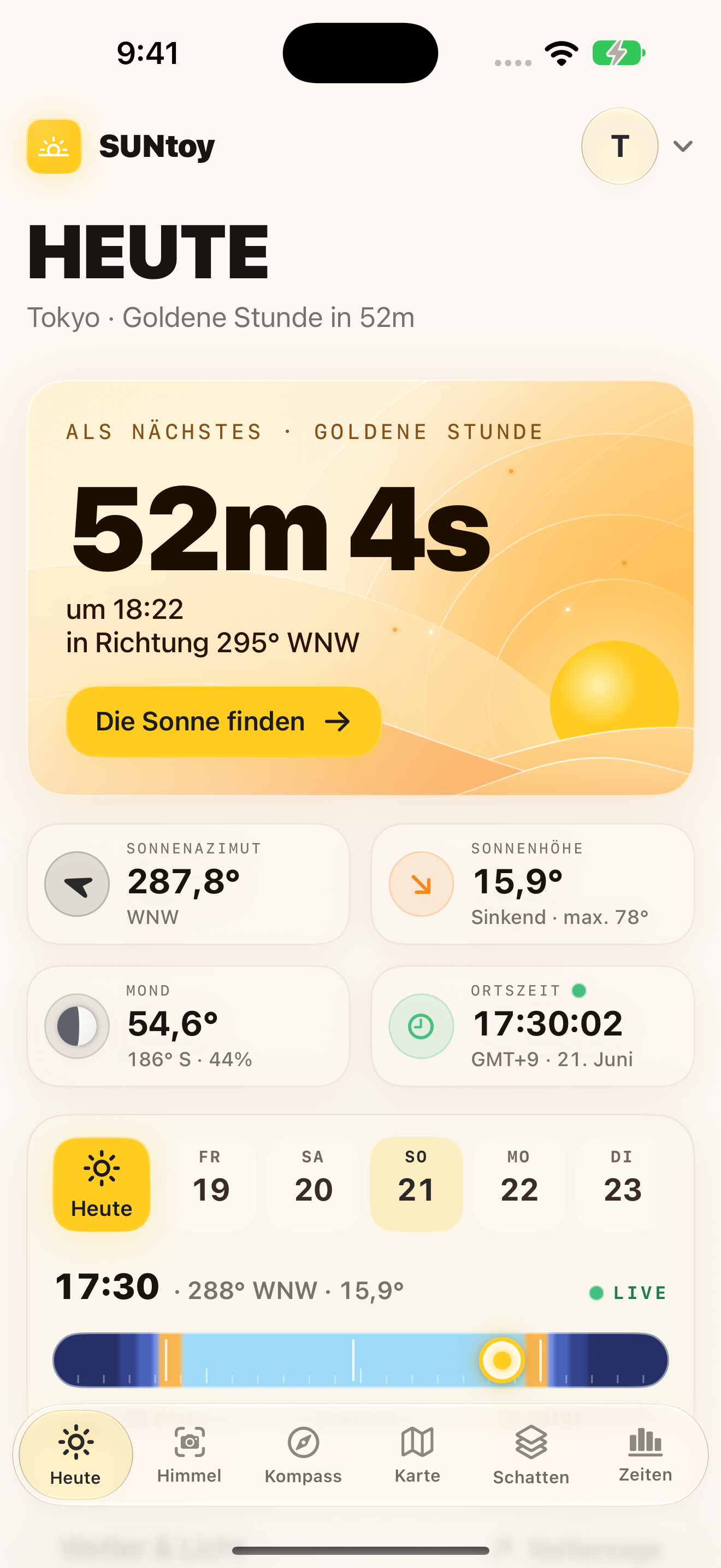 Die Heute-Ansicht von SUNtoy mit Sonnenbogen und lokalen Sonnenereignissen