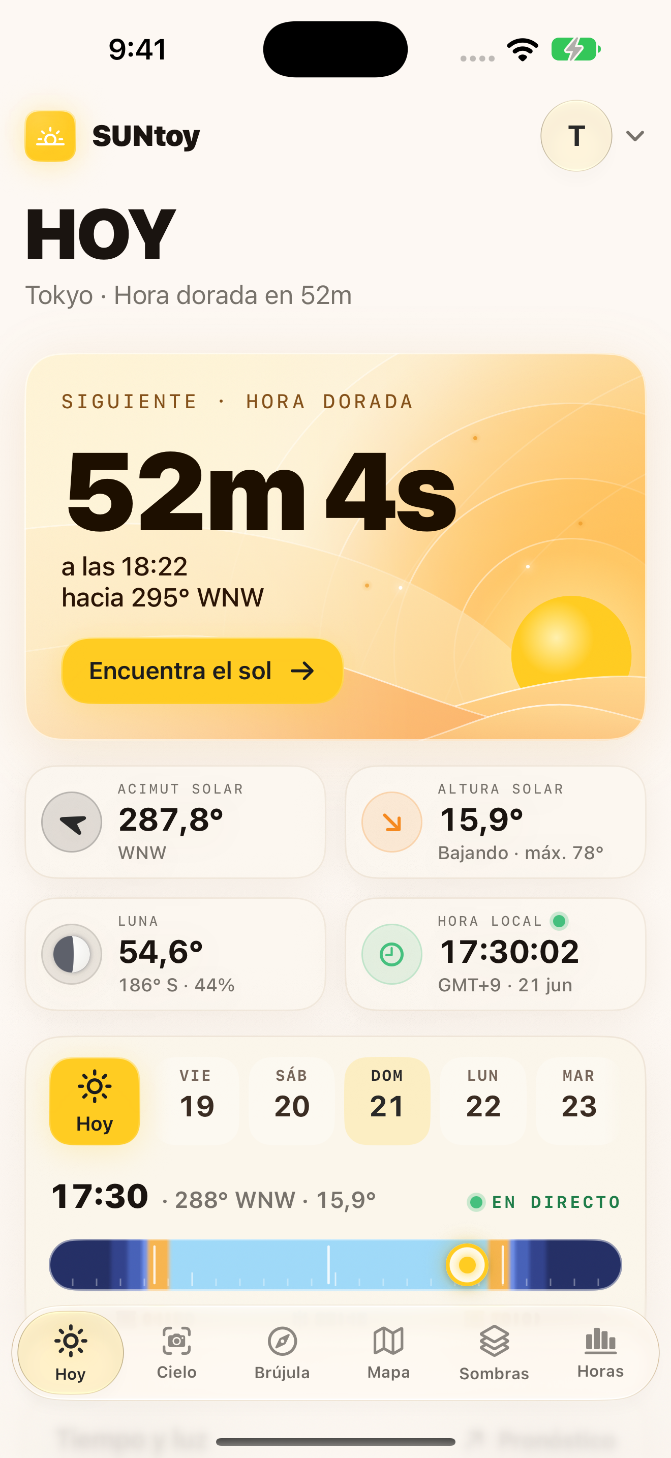 Pantalla Hoy de SUNtoy con el arco solar y eventos solares locales